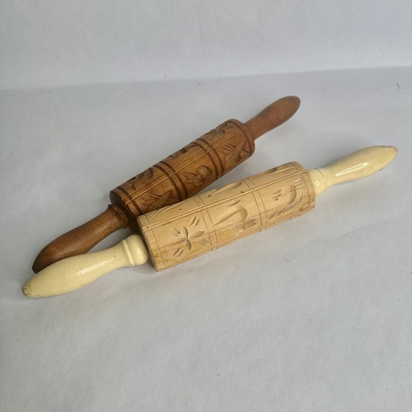 Vintage Pair of Carved Wooden Rolling Pins for Springerle and Speculaas Desserts